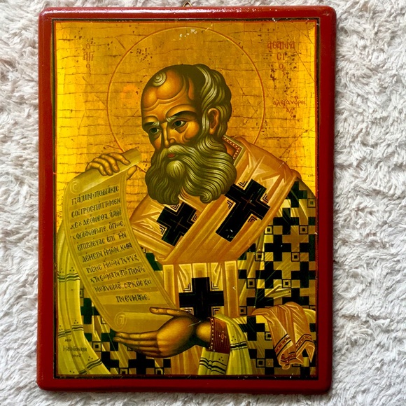 Vintage Greek Orthodox Icon - Saint Athanasius of Alexandria, Solid Wood Plaque - Picture 3 of 10